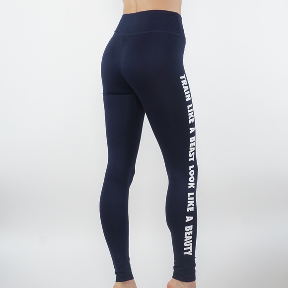 Yoga Power Flex Dry-Fit Side Word leggings Compression mid waist Workout - Picture 4 of 4